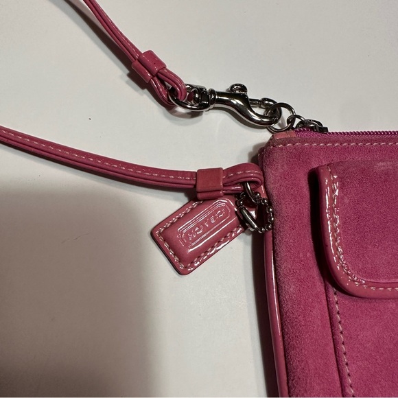 Cute pink suede Coach wristlet; has tag. Classic Coach lined interior. - Picture 3 of 11